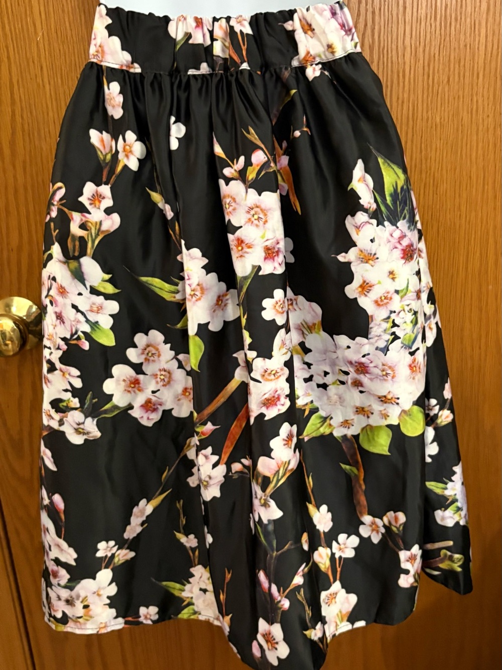 Choies Black Floral A-Line Midi Skirt with Pink and Green Accents - Picture 3 of 6